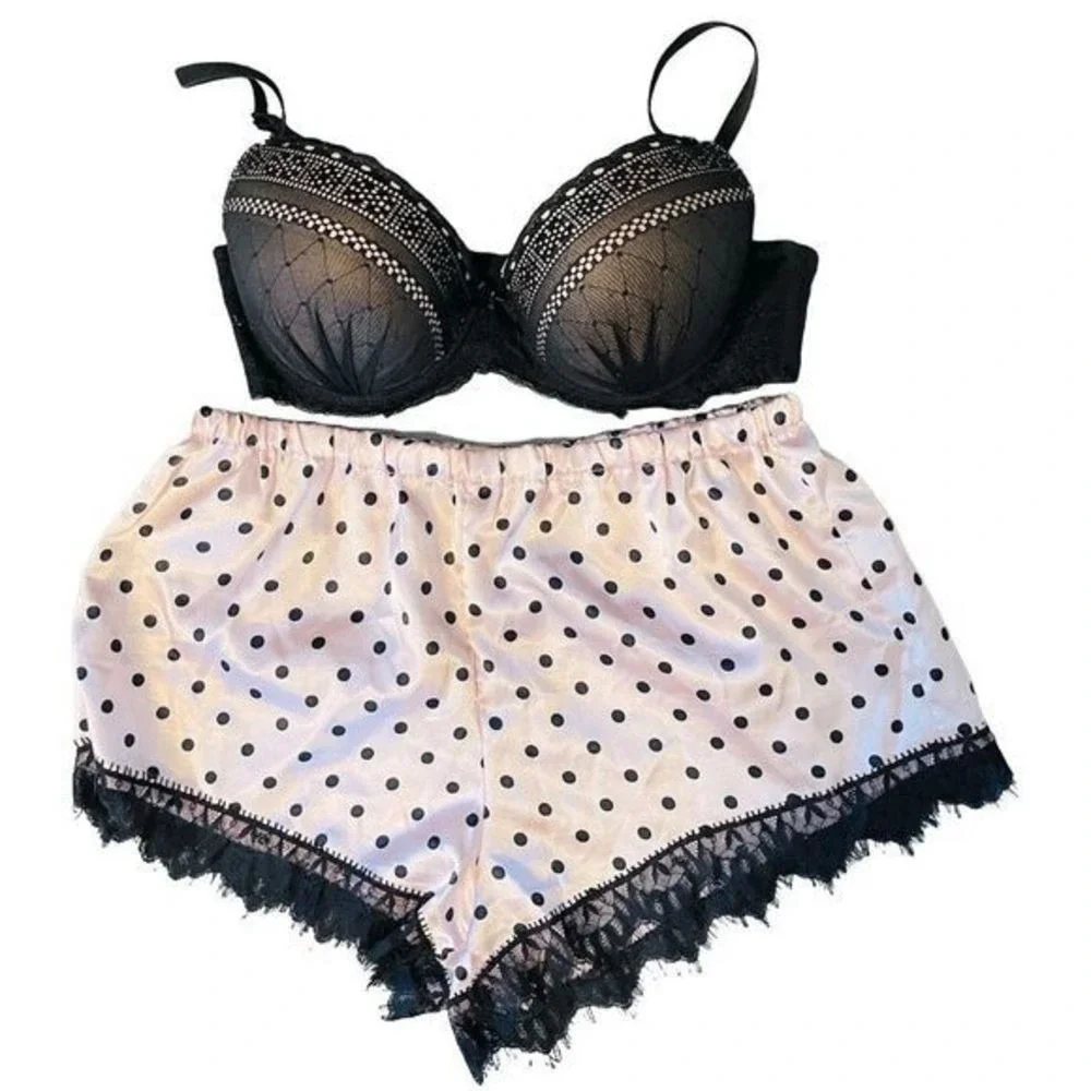 NEW Jezebel Plunge Push-up Black Lace Bra SZ 34C FREE Matching Sleep‎ Shorts